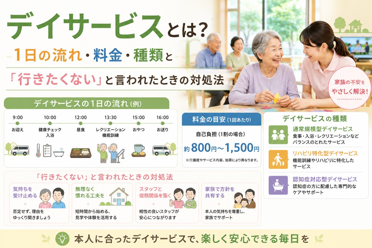 デイサービスとは？1日の流れ・料金・種類と「行きたくない」と言われたときの対処法
