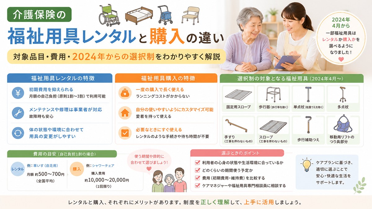 介護保険の福祉用具レンタルと購入の違い｜対象品目・費用・2024年からの選択制をわかりやすく解説